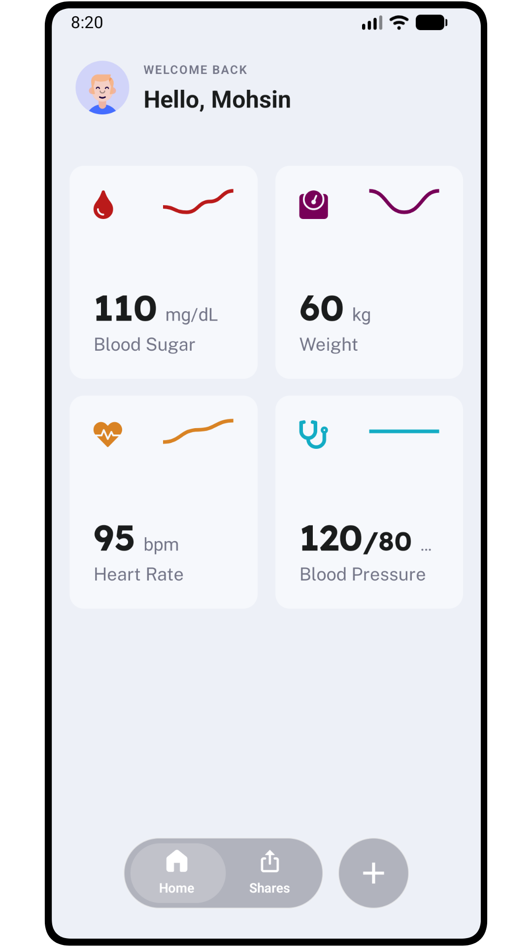 Sehat app dashboard showing health metrics